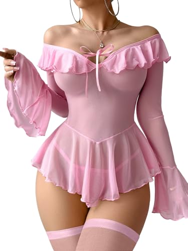 Image of Foxiny Sheer Ruffle Long Sleeve Babydoll Lingerie Dress | Off-shoulder neckline, flared cuffs and a flounce hem add movement; thong and thigh-high stockings complete the 3-piece set