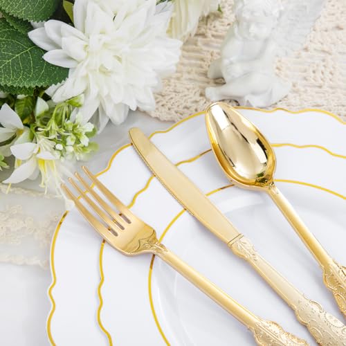Liacere 350PCS Gold Plastic Plates-Disposable White and Gold Plates 50guest Baroque Plastic Dinnerware include 100Plates, 50Pack Pre Rolled Napkins with Silverware 50Cups for Wedding&New Years