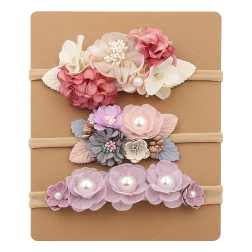 Image of SYGA 3 Pcs Baby Headband, Flower Stretchable, Nylon HairBand for Newborn Infant Toddlers Kids 0-3 Year-Design-1