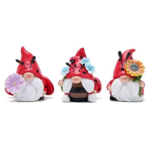 Hodao 3 PCS Ladybug Spring Gnome Figurines Decorations Flower Ladybug Gnomes Ornaments Scandinavian Tomte Elf Decor Gifts Summer Gnomes Figurine Decoration Table Summer Ladybug Gnomes Decor Cover