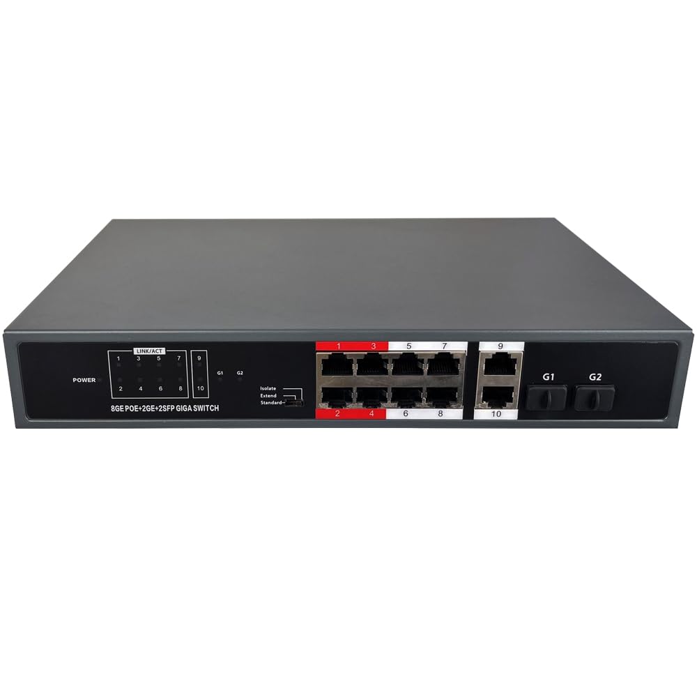 EXVIST Switch PoE Gigabit ON-PFS-10G2F 10 Ports, 8 Ports PoE+ @135W, 2 Slots SFP, Non géré Plug&Play, IEEE 802.3af/at, 30W/Port, boîtier métal IP30.