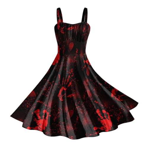 2026 Vestido de Halloween para Mujer Estampado Sin Mangas Cintura Personalidad Falda Swing C, Negro , L