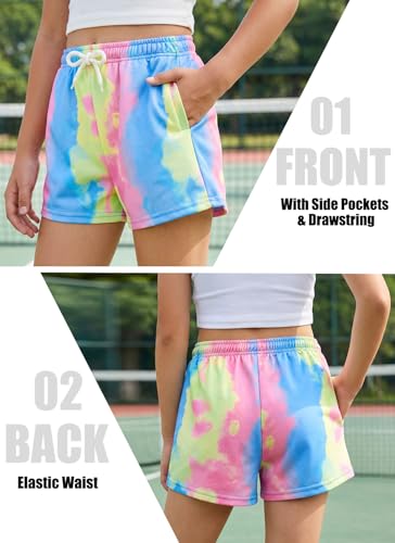 Kids4ever Girls 2 Packs Shorts with Pockets Colorful Tie-dye Pattern Running Shorts for Kids Elastic Waist Athletic Sweat Short Party Girls' SweatShorts 11-12 Years — view 6