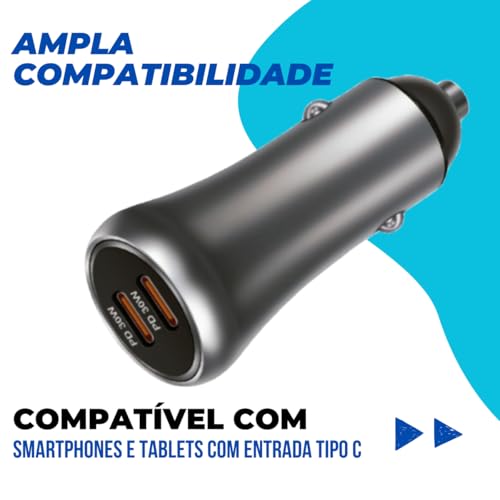 Carregador Veicular USB C Turbo 60W Compatível com Novo Iphone 15 16 Pro Max Plus Duas Portas Carreg