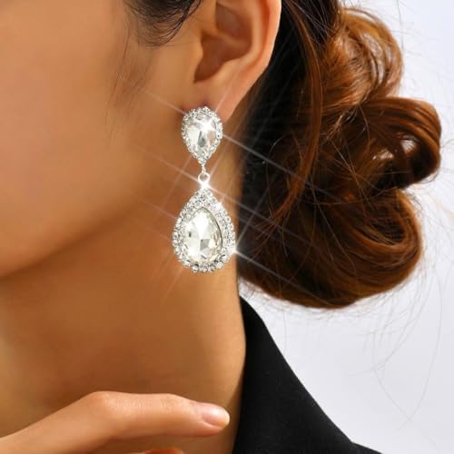 Unicra Silver Rhinestone Teardrop Earrings Crystal Wedding Bridal Dangle Earrings Prom Drop Earrings for Women and Brides2