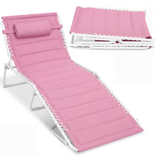 Best Choice Products Extra Wide Padded Patio Chaise Lounge Chair, Portable Outdoor Folding Recliner for Lawn, w/ 8 Positions, Handles, 500lb Capacity - Carnation/White