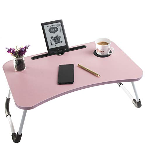 Sandine - Mesa plegable para ordenador portátil, mesa de regazo, mini mesa portátil, escritorio plegable, bandeja para smartphone o tableta, minicena, bandeja para desayuno con patas plegables, color rosa
