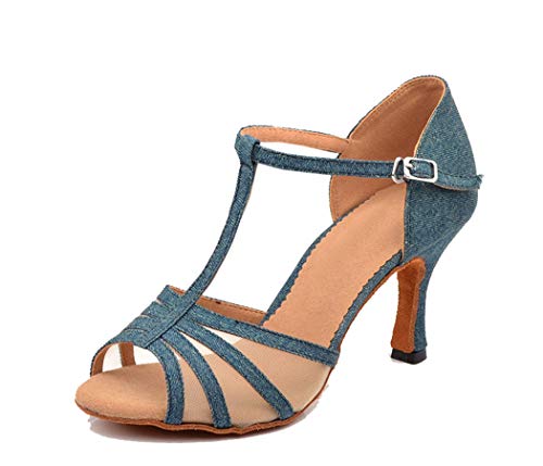 TDA Women's Flared Heel T-Strap Mesh Denim Fabric Salsa Tango Rumba Samba Latin Modern Dance Shoes