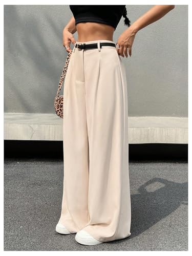 MakeMeChic Women's Pleated Wide Leg Pants Belted Zip Fly Loose Fit Plain Trousers4