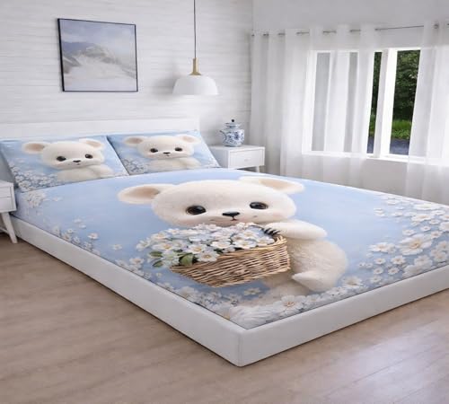 Image of 7D Flat Bedsheet 400TC Sheet Set, Kids Design bedsheet, Floral Design, Decorative Bedding with Daisy Pattern, Kids Room Decor, 90X100 Inch (Teddy)