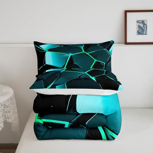 Image of Feelyou Blue Green Hexagon Comforter Stereoscopic Honeycomb Comforter Set for Kids Geometrics Beehive Bedding Set Geometric Honeycomb Duvet Set Simplistic Room Decor Quilt King Size Boys