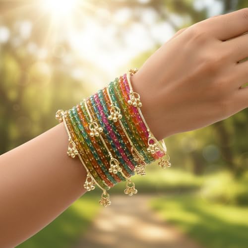 Image of NEW SURYA ENTRPRISES Kashmiri Ghangharoo Glass Bangle Set for Women|Light Weight Bangles|Traditional Transparent Fancy Glass Chudi Set Of 16(12 Glass + 4 ghungroo bangles)