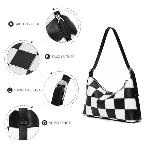 Checkered Shoulder Bag for Women,Classic Black and White Purse Trendy Crossbody Purse Leather Totes Hobo Handbag with Strap3
