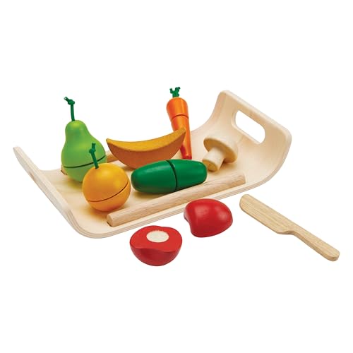 Image of PlanToys Wooden Assorted Fruit and Vegetable Food Set (3416) | Sustainably Made from Rubberwood and Non-Toxic Paints and Dyes
