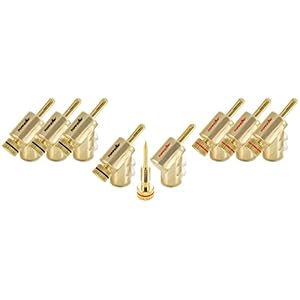 Poppstar 8x Bananenstekker Hoekig (24k Verguld, Transparante Bescherming, Vergerendelbaar) voor Luidsprekerkabel, Speakers, AV Receiver (4x zwart, 4x rood)