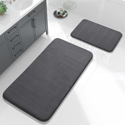 Image of Yimobra 2 Pieces Memory Foam Bath Mat Sets, 17x24+44.1x24 Inches for Bathroom Rugs, Toilet Mats, Non-Slip, Soft Comfortable, Water Absorption, Machine Washable, Dark Gray