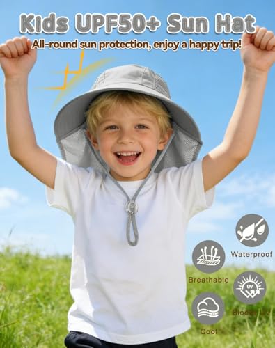 Image of Rosoz Kids Sun Hat with Neck Flap UV Protection Summer Toddler Beach Hat Unisex Ponytail Hat Wide Brim Fishing Hat