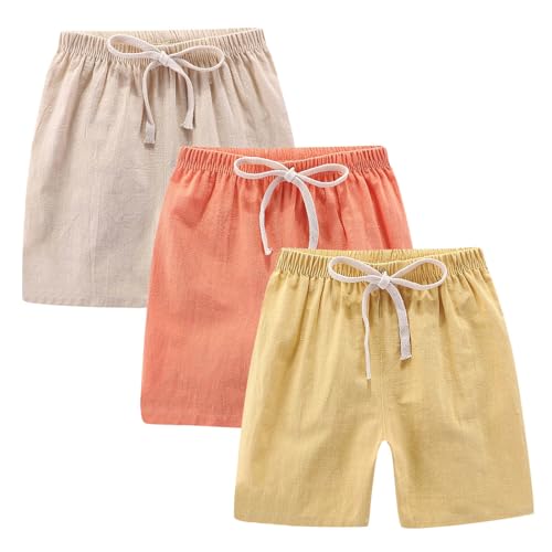3 Pack Girls Boys Athletic Shorts Drawstring Cotton Linen Bermuda Shorts Elastic Waist Sports Shorts for Kids Teens3