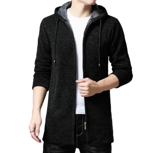 Men Hooded Cardigan Knitted Long Sweatercoat Zipper Solid Sweaters