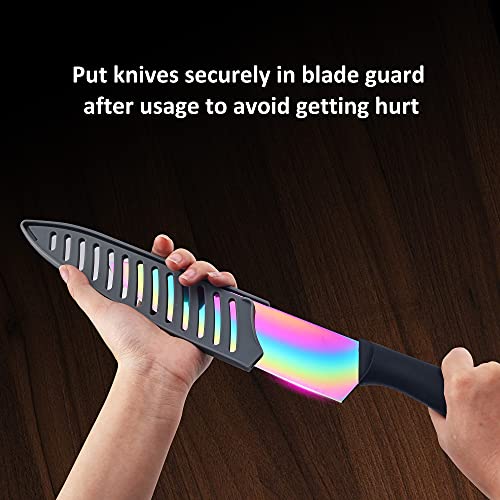 Image of Knife Set- Marco AlmondA‚ KYA36 12-Piece Knife Set, 6 Knives with 6 Blade Guards, Dishwasher Safe Rainbow Titanium Stainless Steel Kitchen Knives Set with Sheath, Black