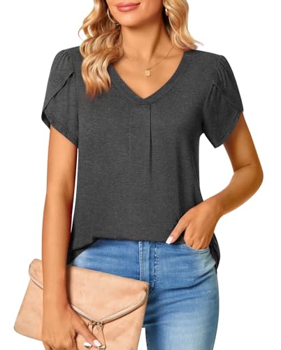 Bestbee Womens Short Sleeve Tops, Ladies Summer Tops Cute V Neck Shirts Plus Size Casual T-Shirts Loose Fit Blouses, Dark Grey, 3XL