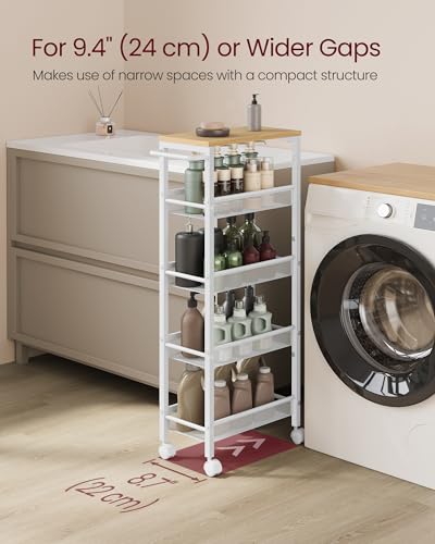 Image of VASAGLE Slim Rolling Cart, 5-Tier Storage Cart, Narrow Cart with Handle, 8.7 Inches Deep, Metal Frame, for Kitchen, Dining Room, Living Room, Home Office, Oak Beige and Classic White ULRC035W09