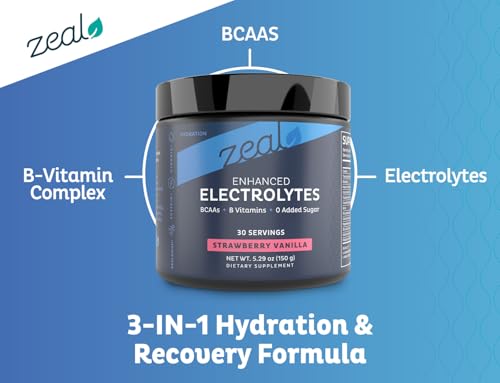 Image of Zeal Electrolyte Powder - 30 Servings | Keto Electrolytes Powder | Zero Sugar, BCAAs, B-Vitamins | Potassium, Zinc, Magnesium | Hydration Powder Recovery Drink | Strawberry Vanilla