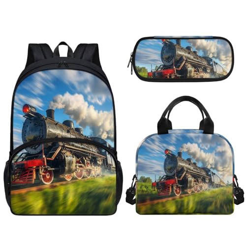 Wismoutput Train Print Backpacks for Kids, Elementary School Bags for