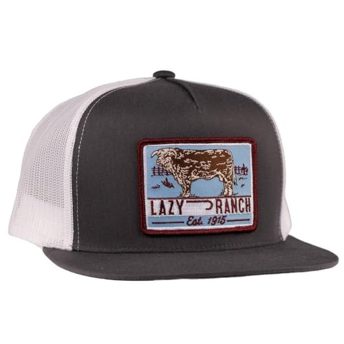 Lazy J Ranch Grey White Bull Trap Patch Classic Five Panel Trucker Hat - Adjustable Unisex Country Style - Vintage Trucker Hat