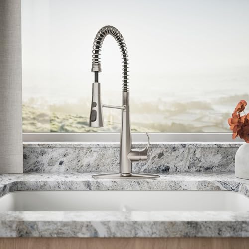 Image of KOHLER 22033-VS Simplice Semi Professional Kitchen Sink Faucet, Pre-Rinse Kitchen & Commercial Faucet, Vibrant Stainless, 9 inch x 9-1 /4 inch x 21-5 /8 inch