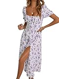 WDIRARA Women's Floral Print Tie Front Square Neck Short Sleeve Split Thigh Dress White Purple S