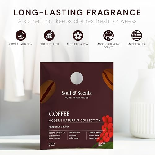 Soul & Scents Fragrance Sachet Pack of 6-20gm Each | Lavender, Jasmine, Vanilla, Sandalwood, Ocean & Coffee - Versatile Air Freshener for Car, Wardrobe, Kitchen, and Travel Bag