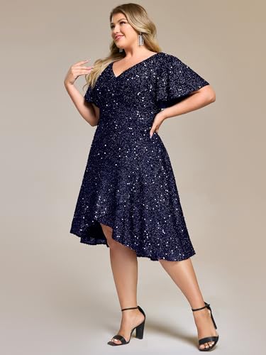 Ever-Pretty Plus Women's Formal Eveing Dress V Neck A-line High Low Sequin Plus Size Christmas Cocktail Party Dresses