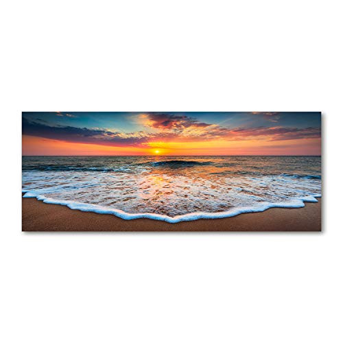 Tulup Impression sur Verre 125x50 cm Image Tableau Photo décorative panoramique pour la Cuisine et Le Salon - Paysage - Coucher De Soleil sur La Mer - Orange