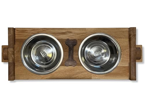 Erhöhter Hundenapf erhöht Grosse Hunde kleine Hunde Edelstahl Holz Eiche doppelt 2er Set (XL)