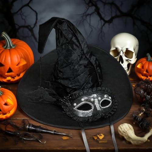 Halloween Witch Cosplay Set 2 Pcs, Witch Hat, Masquerade Mask - Adult Costume Accessories for Halloween Parties