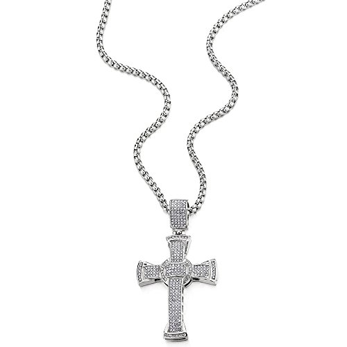 COOLSTEELANDBEYOND Mens Women Large Steel Cross Pendant Necklace with Cubic Zirconia and 30 inches Rope Chain2