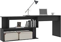 Vista 4 de Escritorio esquinero para computadora portátil, mesa giratoria para computadora con estantes de almacenamiento y estantería, estación de trabajo