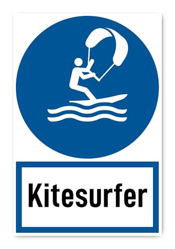 Pegatinas: 300 x 200 mm, 1 pieza – Kitesurfer – Signo de oferta con texto (alemán) (azul/blanco) – alto – DIN EN ISO 7010 / ASR A1.3