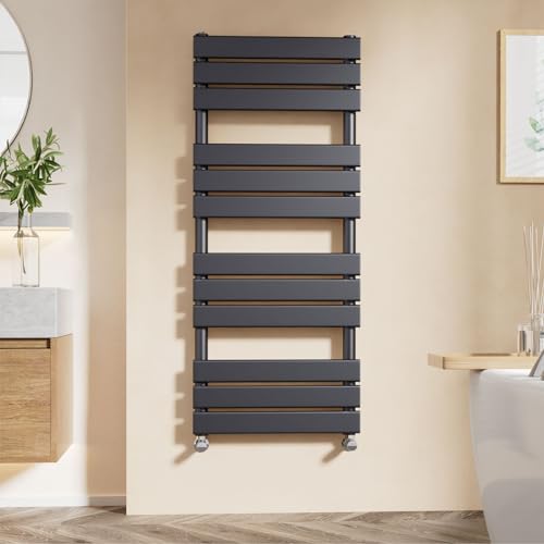 Image of EMKE Modern Anthracite Towel Radiator, 1200 x 500 mm, Heated Towel Rail for Bathrooms, Wall/Floor Mounted, SPCC Steel