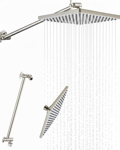 Pomme de douche à effet pluie, 20,3 cm haute pression carrée avec bras d'extension de pommeau de douche de 38,1 cm, rallonge de bras de douche réglable en laiton, pomme de douche fixe cascade, nickel