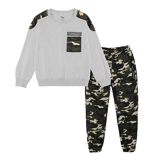 Enfants Ensemble de survêtement Camouflage, 2 pièces Garçon Pantalon Cargo + Sweat à Manches Longues, Gris, 130