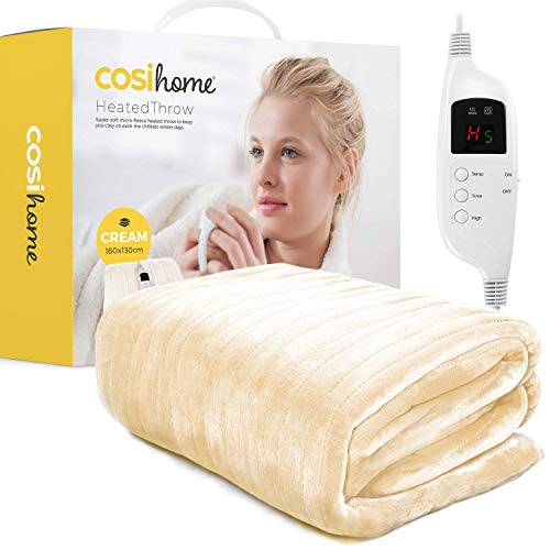 Cosi Home® Electric Heated Throw & Over Blanket - Extra Large, Machine Washable Fleece with Digital Remote, Timer and 9 Heat Settings (Cream)