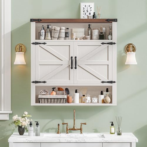 Image of Bathroom Wall Cabinet, Farmhouse Medicine Cabinet with Adjustable Shelves and 2 Barn Doors, Wall Mounted Over the Toilet Storage Cabinet for Bathroom, Laundry Room, Kitchen, Rustic White and Brown