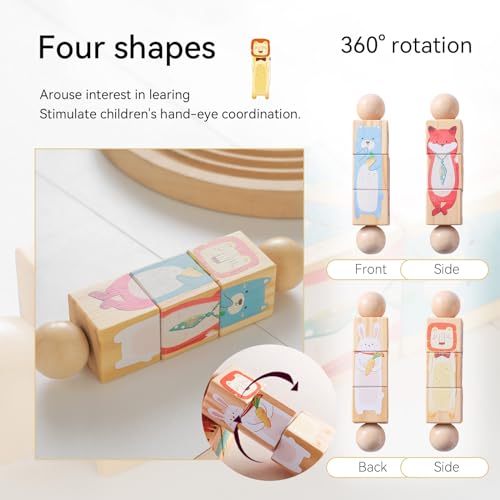 Image of Wooden Animal Puzzle Toy for Toddlers 1-3, Rotating Spin Twist Blocks Set of 2, Learning Educational Montessori Toy Gifts for Kids Boys Girls, Fox and Tiger