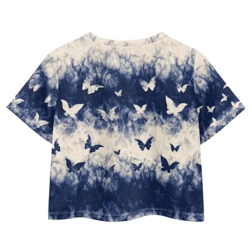 Image of Butterfly Print Girls Cropped Tshirt Size 11-12 Elegant Short Sleeve Top for Summer Oversize Shirts for Party Travel Crew Neck Blouses for Girls Tees 2024 Gift for Daughter, Medium
