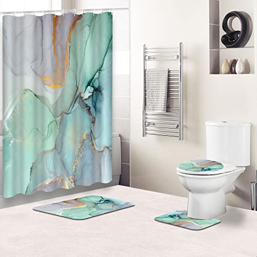 WEITY 4 Piece Green Grey Marble Bathroom Shower Curtains, Bathroom Set for Shower Curtains and Rug & Accessories, Shower Set with 12 Hooks Modern Bathroom Curtains, 72x72 inches, Green Cover