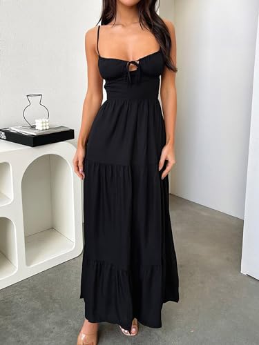Image of Womens Y2k Long Dress Spaghetti Strap Low Cut Dress Casual Backless Flowy Maxi Dress Clubwear