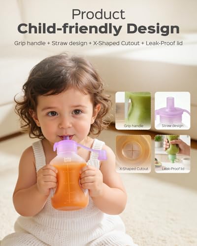 Image of Silicone Reusable Baby Food Pouches with Straws, 4 Pack Leakproof Refillable Squeeze Pouches, Dishwasher, Freezer, Microwave Safe, 5OZ Baby Food Storage for Homemade Puree, Yogurt