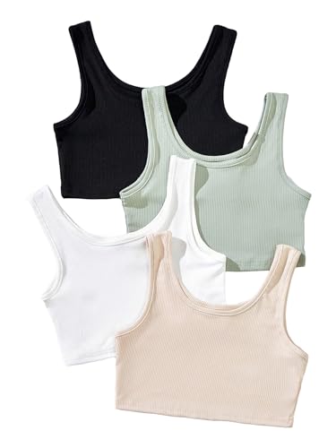 Milumia Girl's 4 Pack Ribbed Knit Scoop Neck Sleeveless Casual Basic Crop Tank Tops